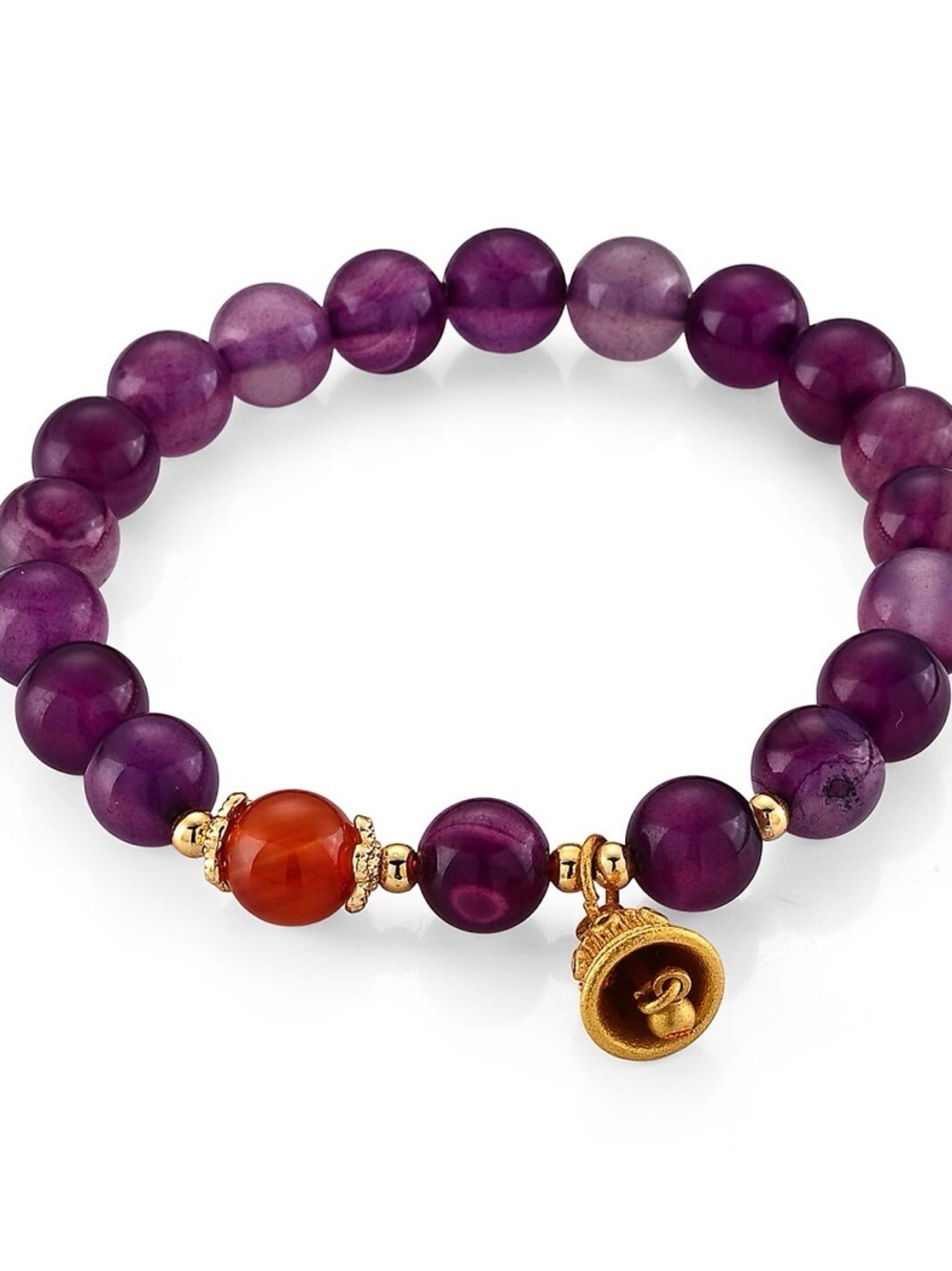 Amethyst & Red Agate Beaded Stretch Bracelet with Gold Bell Charm